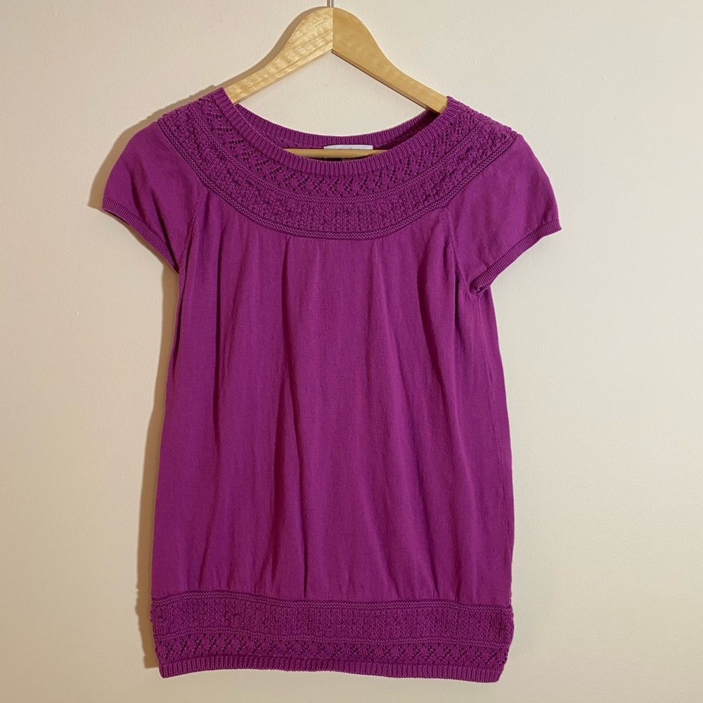Dressbarn Jewel Tone Purple Short Sleeve Sweater Shirt w Crotchet Detail Size L
